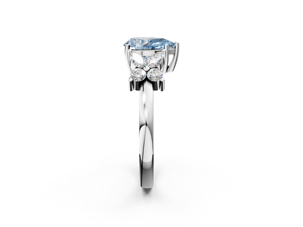 White gold Fancy Blue Pear  Diamond Floral Cluster Ring with Solitaire Band and Prong Setting