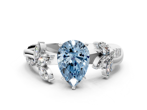 Platinum Fancy Blue Pear  Diamond Floral Vine Solitaire Engagement Ring