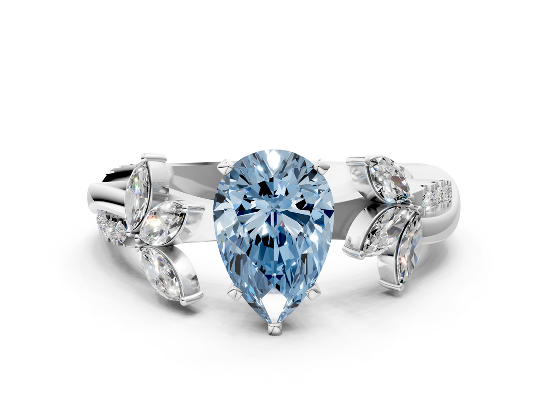 White gold Fancy Blue Pear  Diamond Floral Vine Solitaire Engagement Ring_3