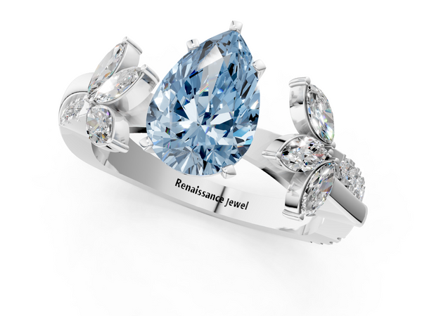 Platinum Fancy Blue Pear  Diamond Floral Vine Solitaire Engagement Ring