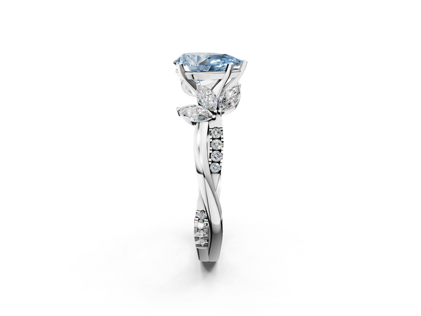 Platinum Fancy Blue Pear  Diamond Floral Vine Solitaire Engagement Ring