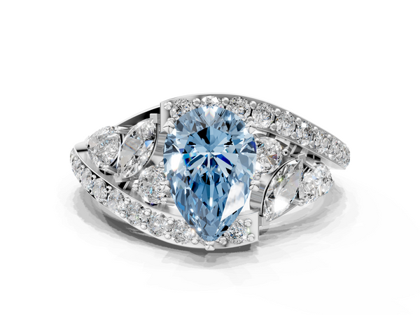 Platinum Fancy Blue Pear  Diamond Halo Ring with Marquise and Pavé Band in Prong Setting