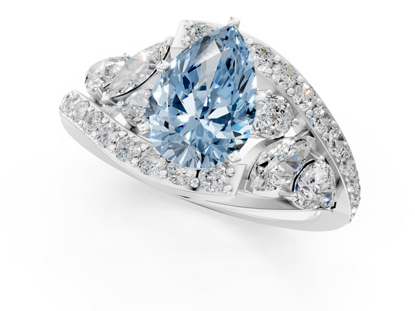 Platinum Fancy Blue Pear  Diamond Halo Ring with Marquise and Pavé Band in Prong Setting