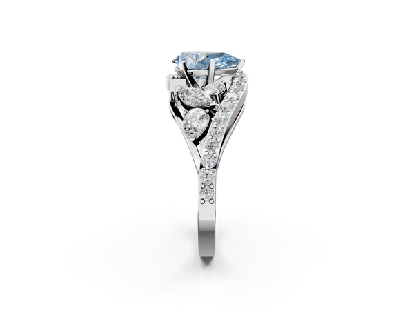 Platinum Fancy Blue Pear  Diamond Halo Ring with Marquise and Pavé Band in Prong Setting