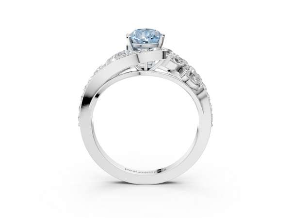 Platinum Fancy Blue Pear  Diamond Halo Ring with Marquise and Pavé Band in Prong Setting