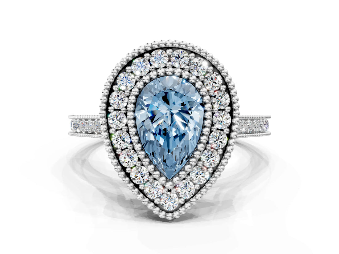White gold Fancy Blue Pear  Diamond Halo Ring with Milgrain Frame and Pavé Band_58