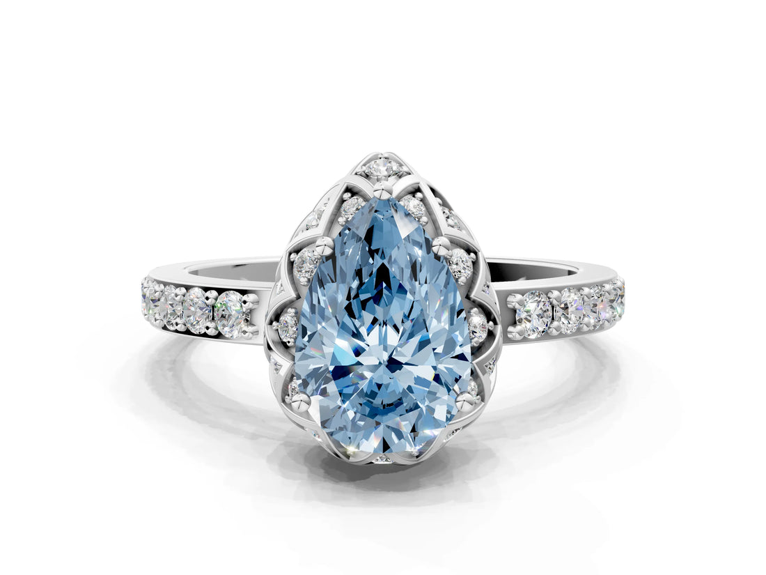 White gold Fancy Blue Pear  Diamond Solitaire Ring with Shared Prong Pavé Band_65