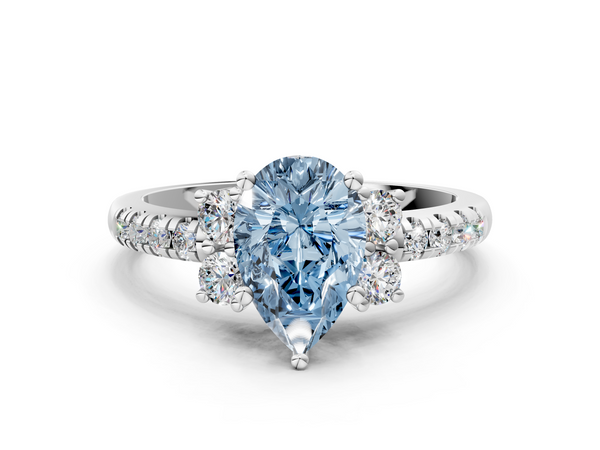 White gold Fancy Blue Pear  Diamond Three-Stone Pave Band with Four-Prong Setting