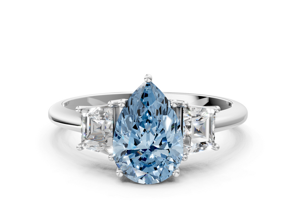White gold Fancy Blue Pear  Diamond Three-Stone Ring with Trapezoid Side Stones and Prong Setting