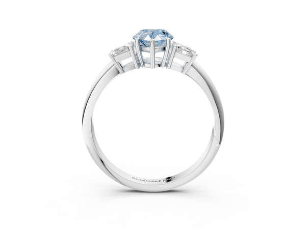 White gold Fancy Blue Pear  Diamond Three-Stone Ring with Trapezoid Side Stones and Prong Setting