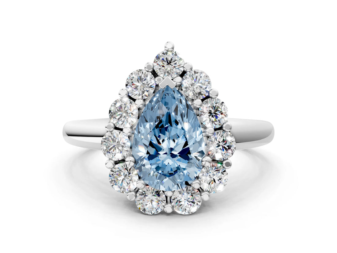 White gold Fancy Blue Pear  Halo Cluster Diamond Engagement Ring with Prong Setting and Polished Band_75