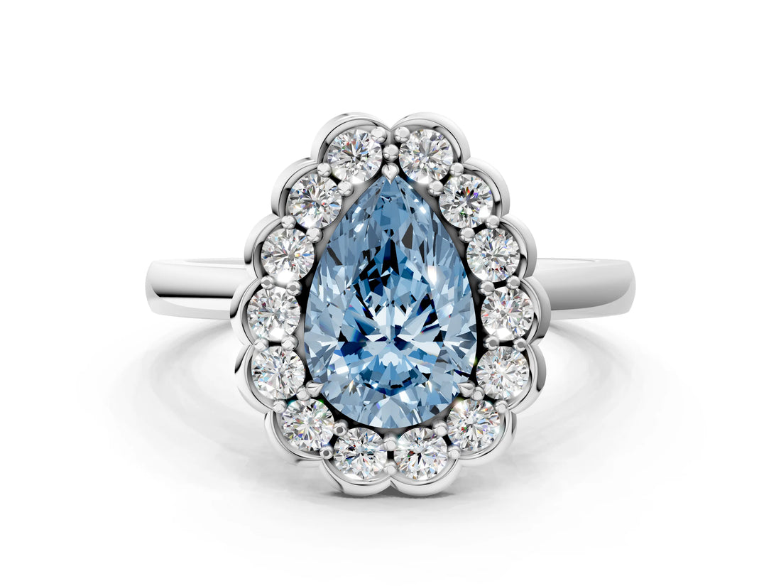 White gold Fancy Blue Pear  Halo Cluster Diamond Engagement Ring with Solitaire Band and Prong Setting_49