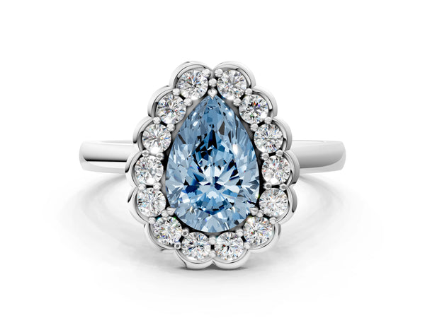 White gold Fancy Blue Pear  Halo Cluster Diamond Engagement Ring with Solitaire Band and Prong Setting