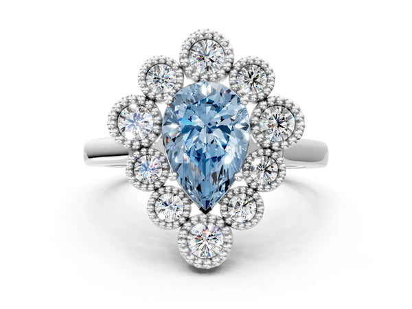 Platinum Fancy Blue Pear  Halo Diamond Cluster Engagement Ring with Milgrain Bezel Setting and Solitaire Band