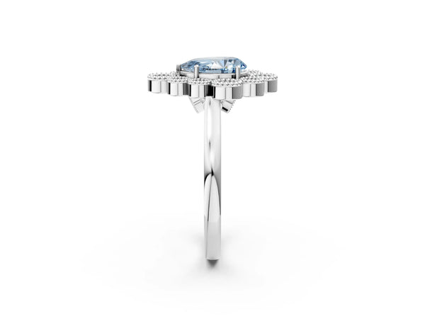 Platinum Fancy Blue Pear  Halo Diamond Cluster Engagement Ring with Milgrain Bezel Setting and Solitaire Band