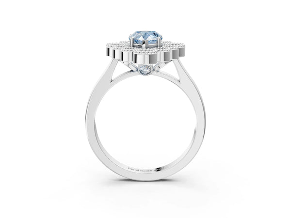Platinum Fancy Blue Pear  Halo Diamond Cluster Engagement Ring with Milgrain Bezel Setting and Solitaire Band