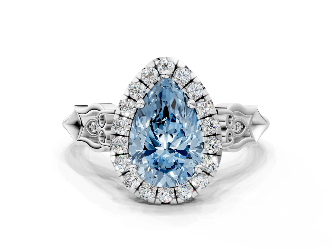 White gold Fancy Blue Pear  Halo Diamond Engagement Ring with Filigree Band and Four-Prong Setting_105