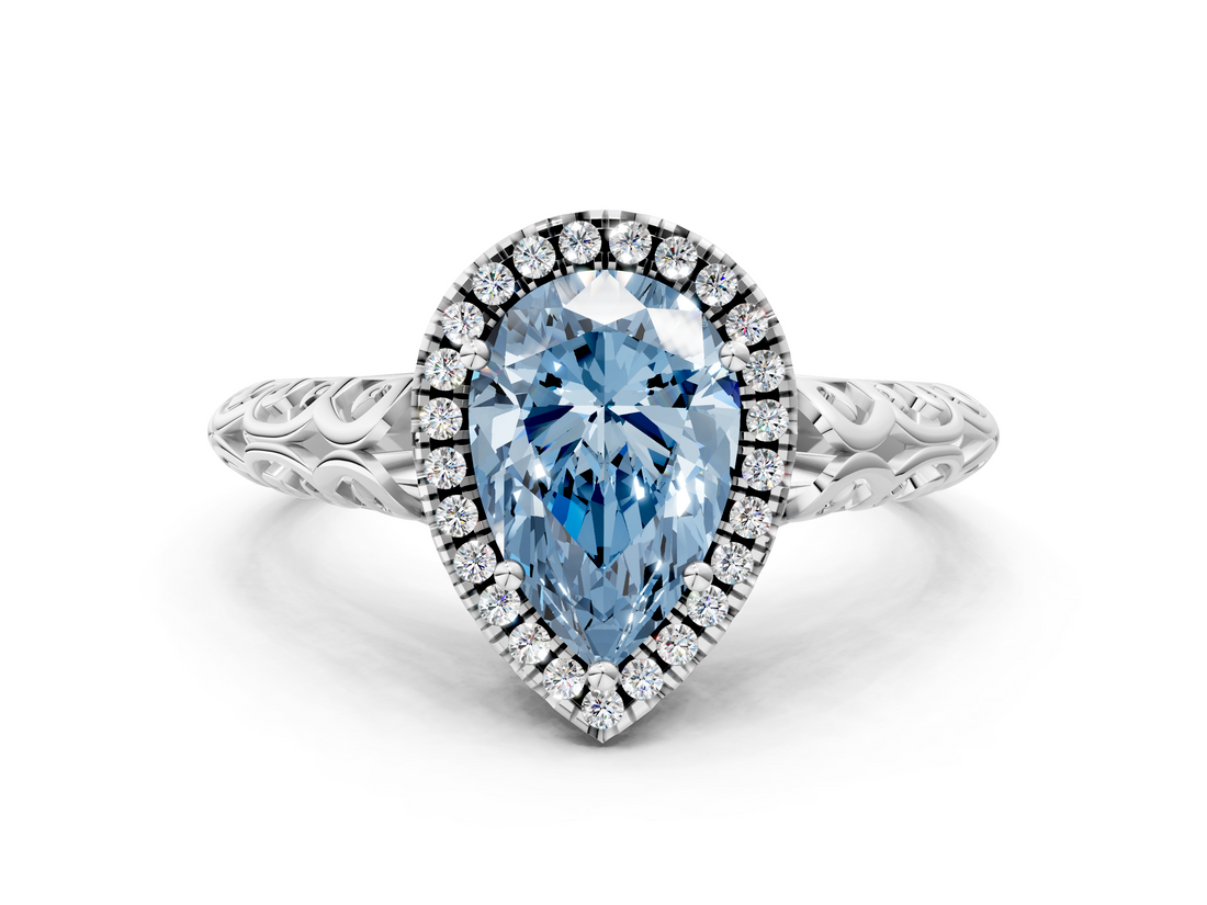 White gold Fancy Blue Pear  Halo Diamond Engagement Ring with Intricate Filigree Band and Four-Prong Setting_54