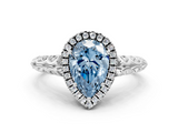 White gold Fancy Blue Pear  Halo Diamond Engagement Ring with Intricate Filigree Band and Four-Prong Setting_54