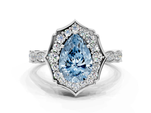 Platinum Fancy Blue Pear  Halo Diamond Engagement Ring with Milgrain Band and Four-Prong Setting