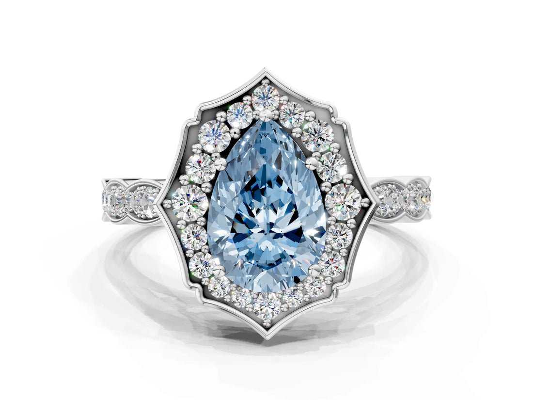 White gold Fancy Blue Pear  Halo Diamond Engagement Ring with Milgrain Band and Four-Prong Setting_85