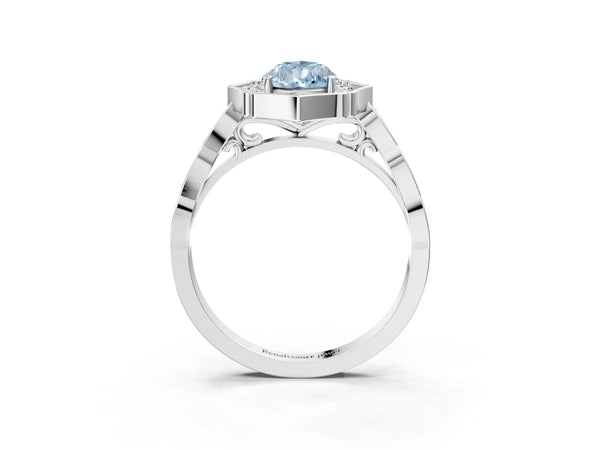 Platinum Fancy Blue Pear  Halo Diamond Engagement Ring with Milgrain Band and Four-Prong Setting