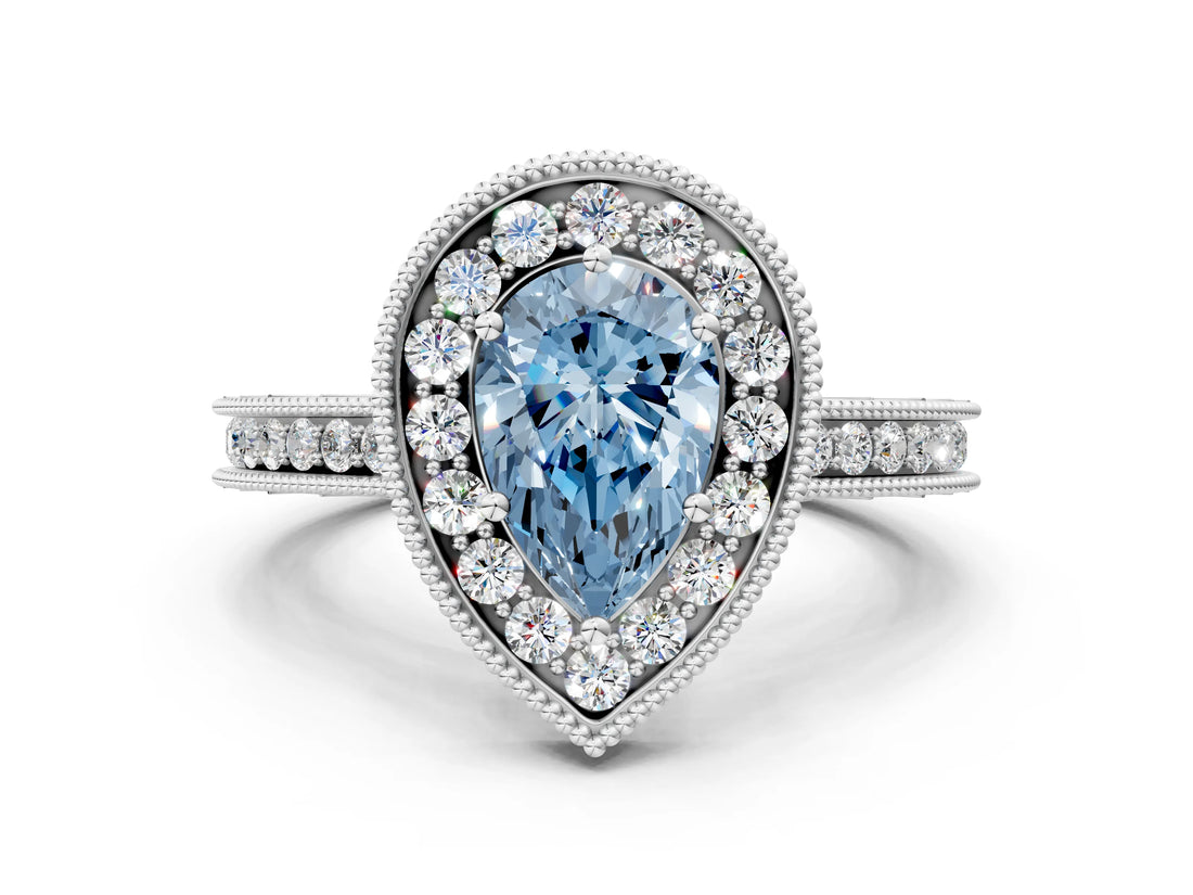White gold Fancy Blue Pear  Halo Diamond Engagement Ring with Milgrain Pave Band and Four-Prong Setting_123