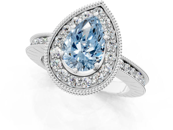 Platinum Fancy Blue Pear  Halo Diamond Engagement Ring with Milgrain Pave Band and Four-Prong Setting
