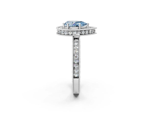 Platinum Fancy Blue Pear  Halo Diamond Engagement Ring with Milgrain Pave Band and Four-Prong Setting
