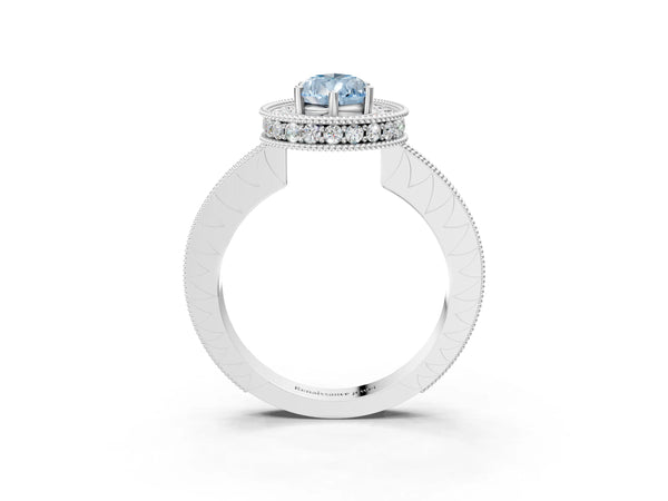 Platinum Fancy Blue Pear  Halo Diamond Engagement Ring with Milgrain Pave Band and Four-Prong Setting