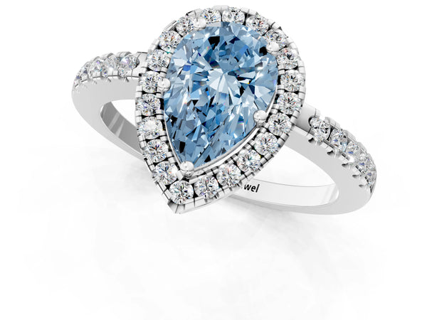 White gold Fancy Blue Pear  Halo Diamond Engagement Ring with Pavé Band and Four-Prong Setting