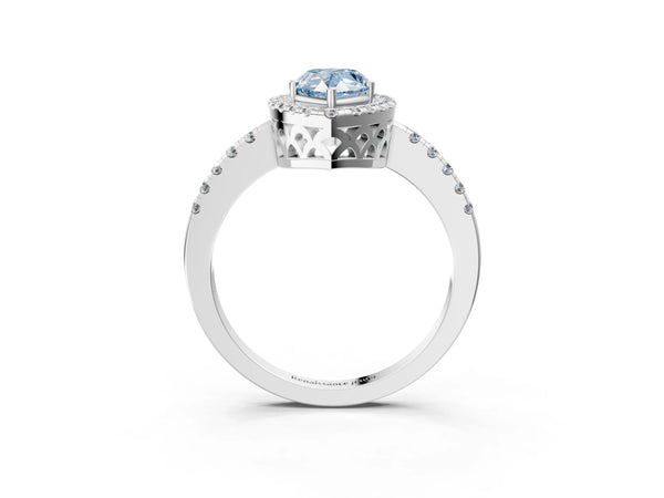 White gold Fancy Blue Pear  Halo Diamond Engagement Ring with Pavé Band and Four-Prong Setting