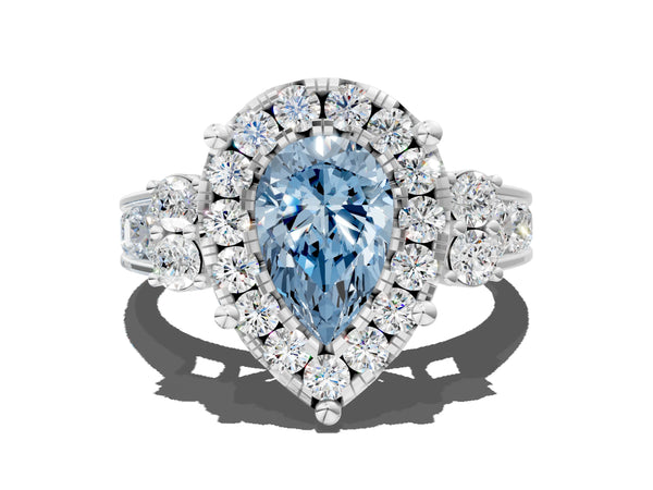 White gold Fancy Blue Pear  Halo Diamond Engagement Ring with Split Shank and Four-Prong Setting