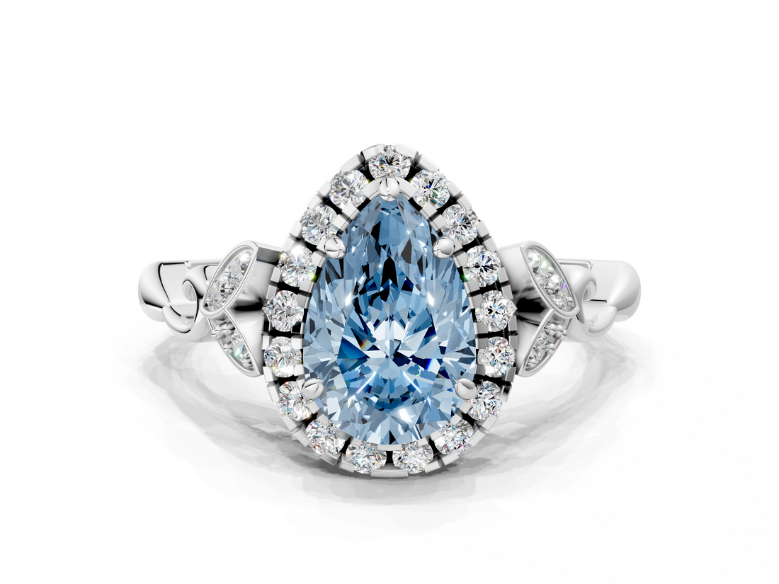 White gold Fancy Blue Pear  Halo Diamond Engagement Ring with Vintage-Inspired Band and Four-Prong Setting_3