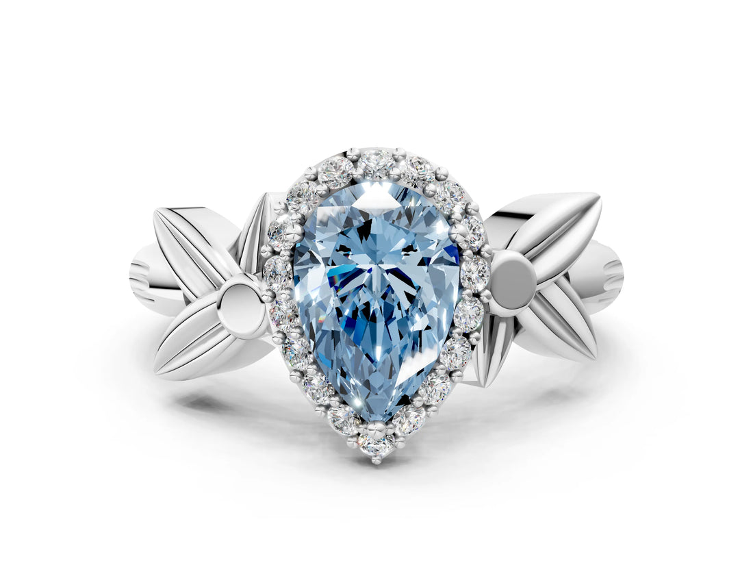 White gold Fancy Blue Pear  Halo Diamond Floral Band with Four-Prong Setting_55