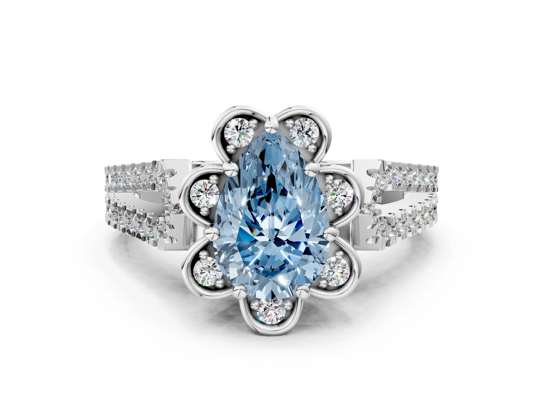 White gold Fancy Blue Pear  Halo Diamond Floral Split Shank Engagement Ring 1