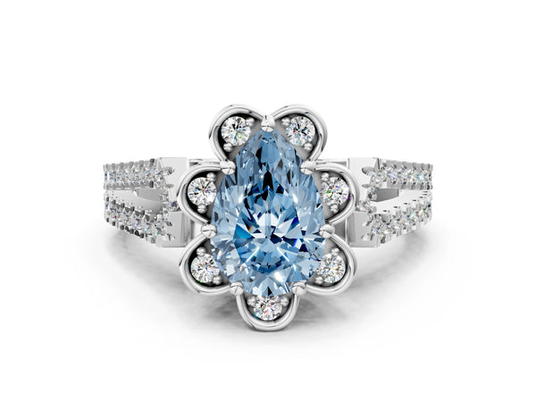 White gold Fancy Blue Pear  Halo Diamond Floral Split Shank Engagement Ring