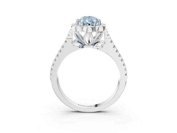 White gold Fancy Blue Pear  Halo Diamond Floral Split Shank Engagement Ring