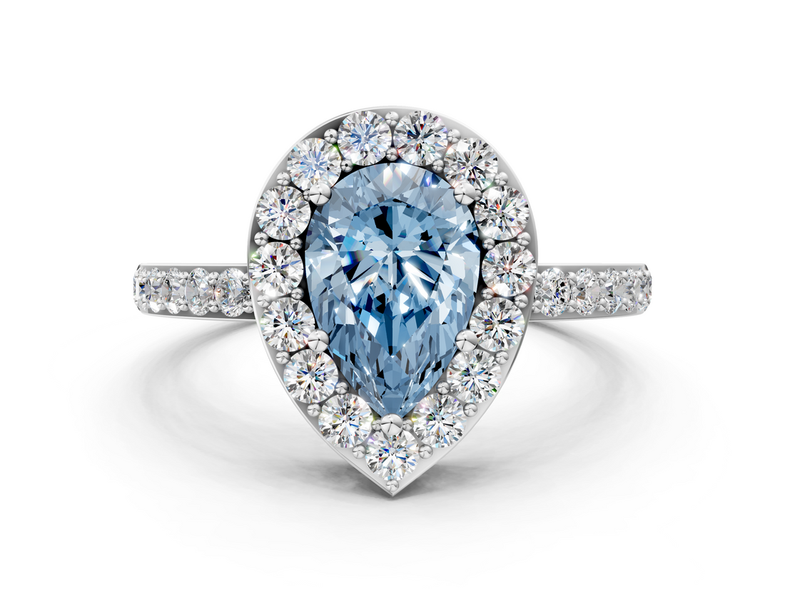 White gold Fancy Blue Pear  Halo Diamond Pavé Band Ring with Prong Setting_20