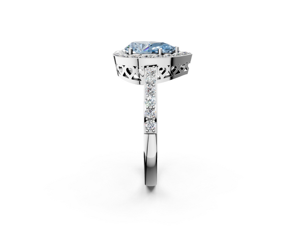 White gold Fancy Blue Pear  Halo Diamond Pavé Band Ring with Prong Setting