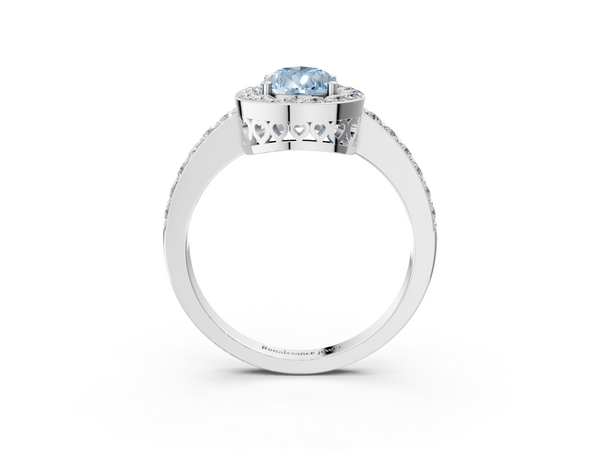 White gold Fancy Blue Pear  Halo Diamond Pavé Band Ring with Prong Setting