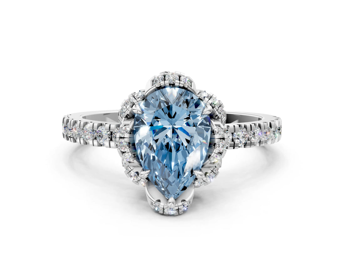 White gold Fancy Blue Pear  Halo Diamond Pave Band Ring with Four-Prong Setting_15