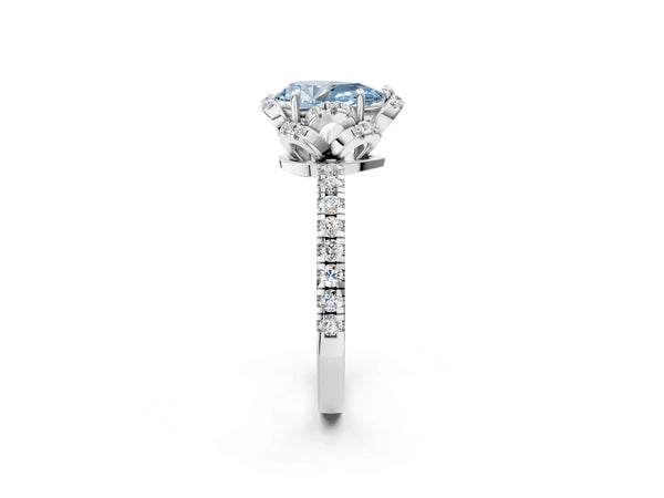 White gold Fancy Blue Pear  Halo Diamond Pave Band Ring with Four-Prong Setting
