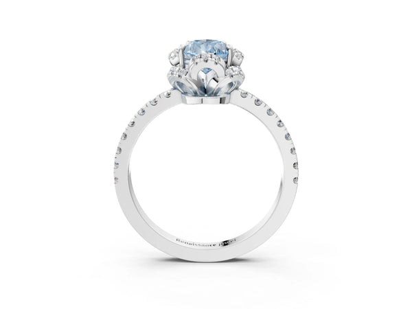 White gold Fancy Blue Pear  Halo Diamond Pave Band Ring with Four-Prong Setting