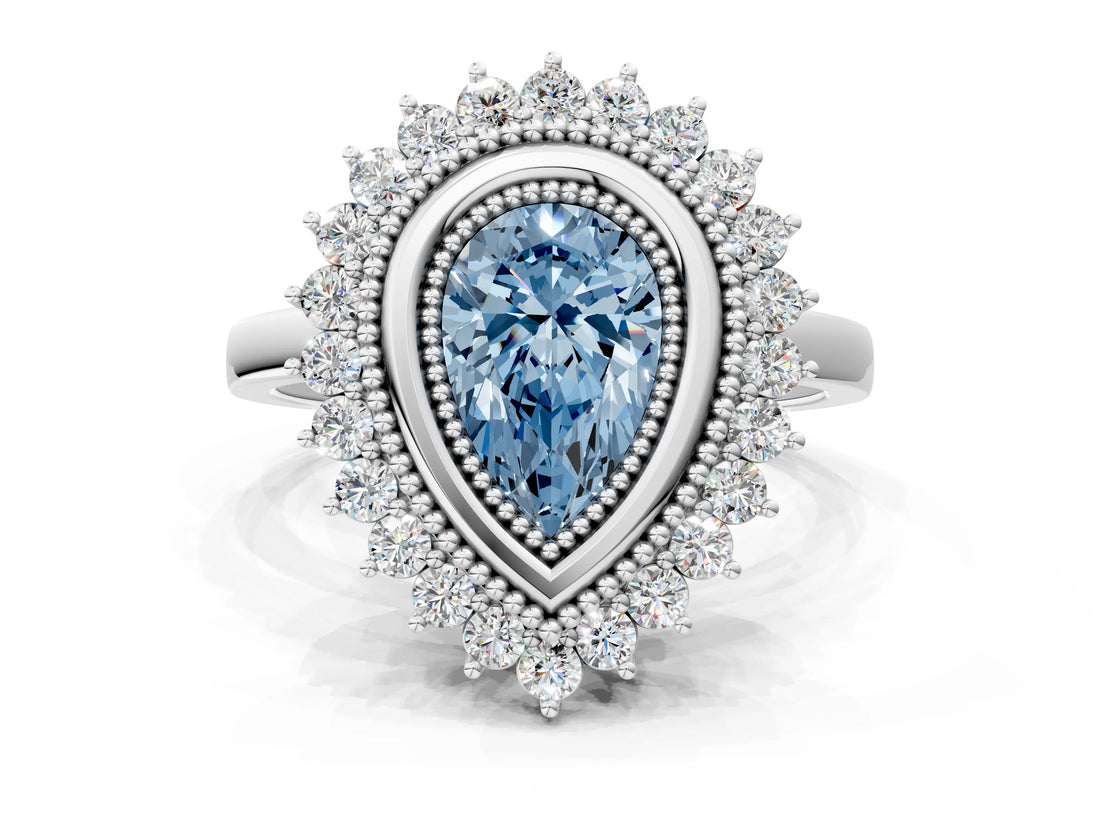 White gold Fancy Blue Pear  Halo Diamond Ring with Milgrain Edge and Round Prong Setting_37