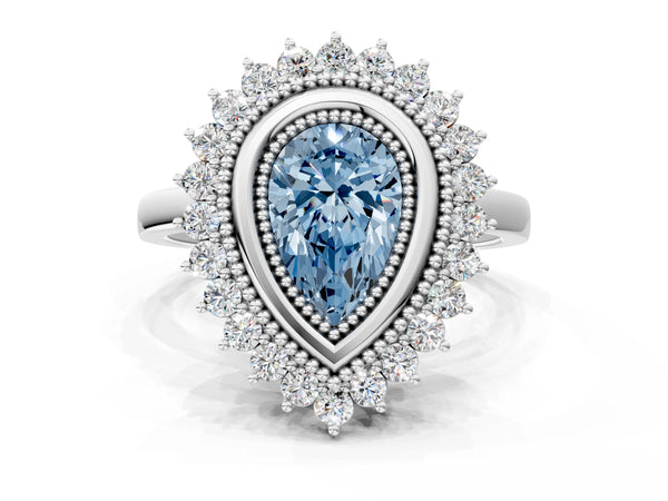 White gold Fancy Blue Pear  Halo Diamond Ring with Milgrain Edge and Round Prong Setting