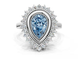 White gold Fancy Blue Pear  Halo Diamond Ring with Milgrain Edge and Round Prong Setting_38