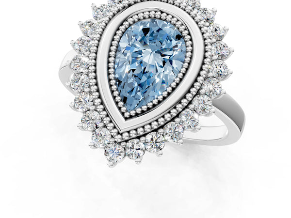 White gold Fancy Blue Pear  Halo Diamond Ring with Milgrain Edge and Round Prong Setting