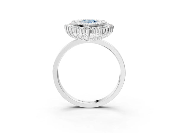 White gold Fancy Blue Pear  Halo Diamond Ring with Milgrain Edge and Round Prong Setting