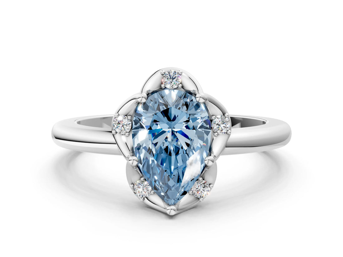White gold Fancy Blue Pear  Halo Diamond Ring with Round Cluster Setting, Solitaire Band, and Four-Prong Setting_84